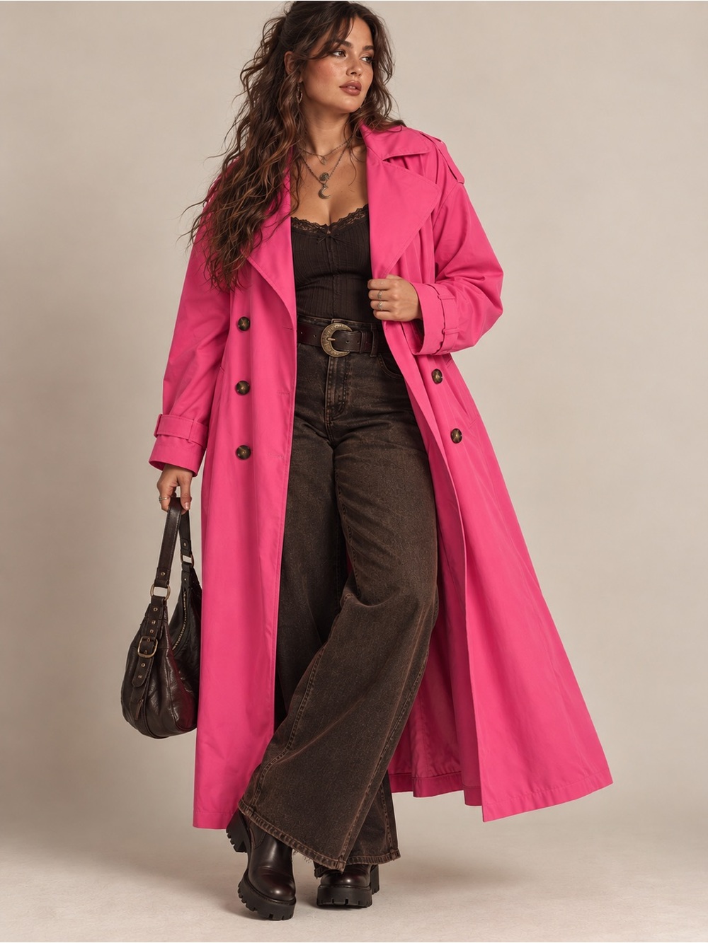 Lane Bryant Plus Pink Maxi Trench Coat Sz 28 Belted Double Breasted Longline NWT